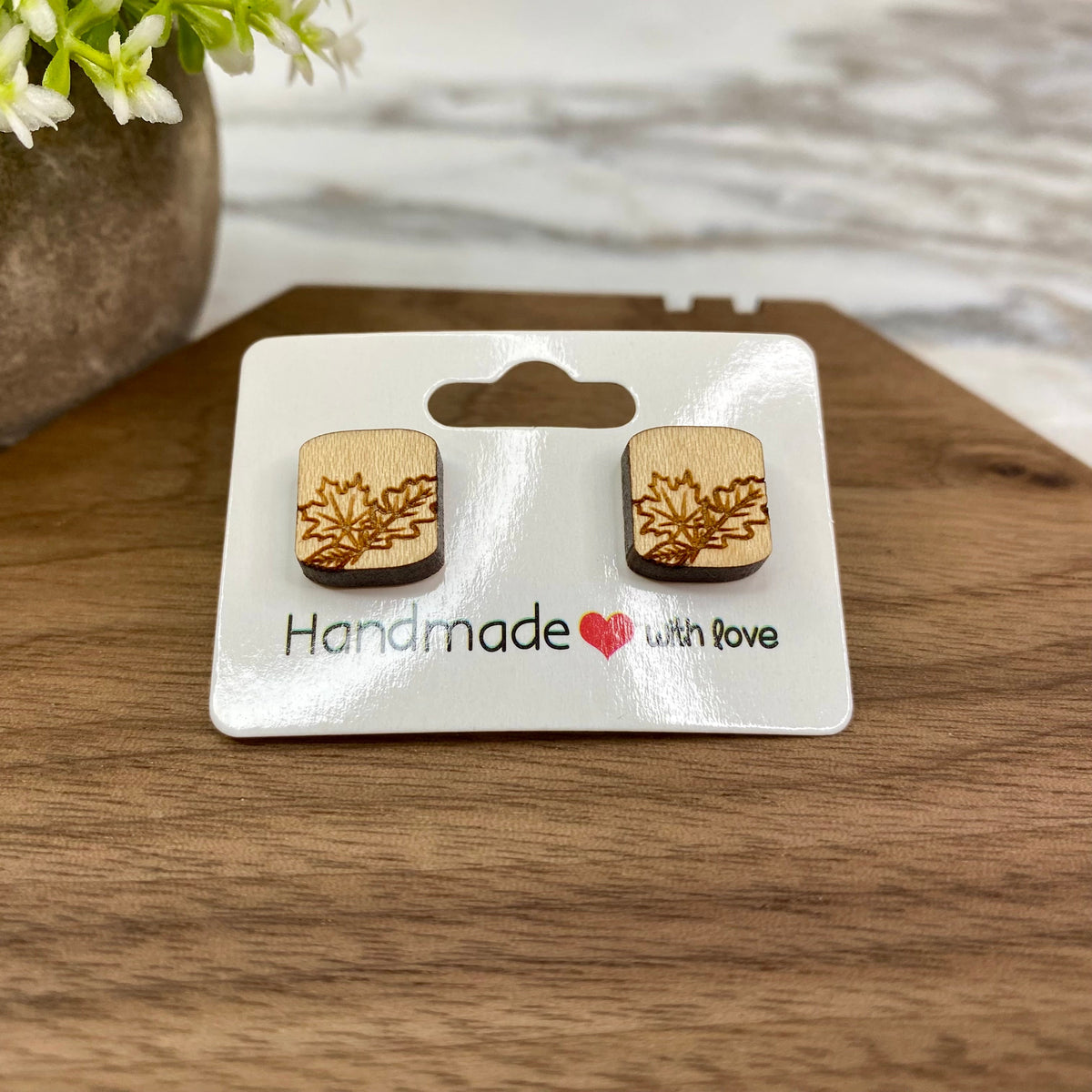 Wooden Stud Earrings - Square Leaves