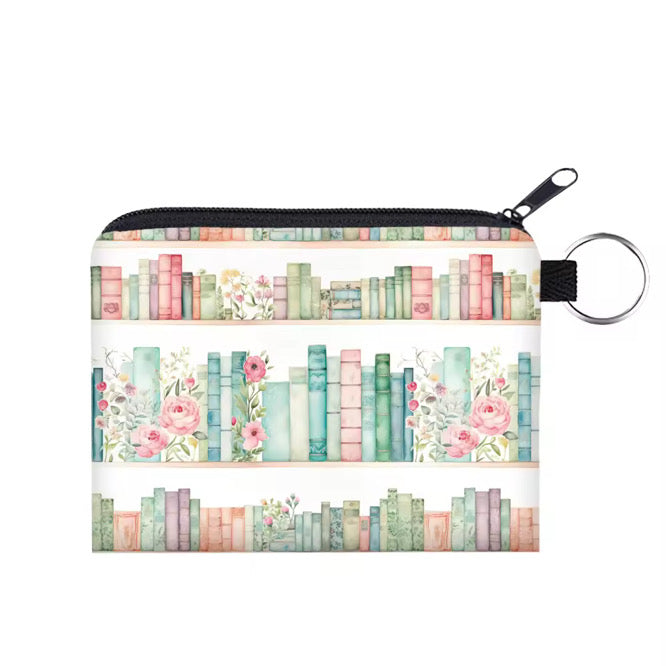 Mini Pouch - Books Mint Pink Floral Shelves