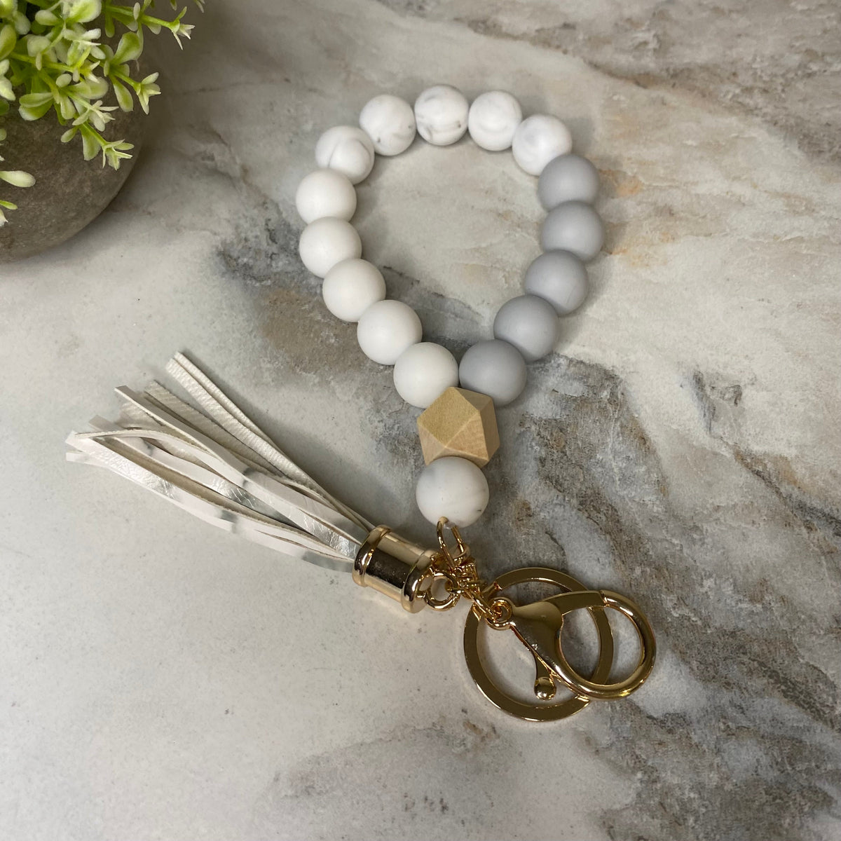 Silicone Bracelet Keychain with Wood Bead & Tassel - White Marble