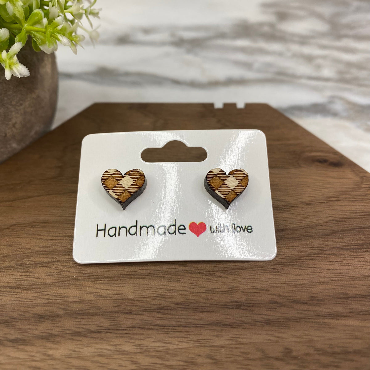 Wooden Stud Earrings - Checkered Heart