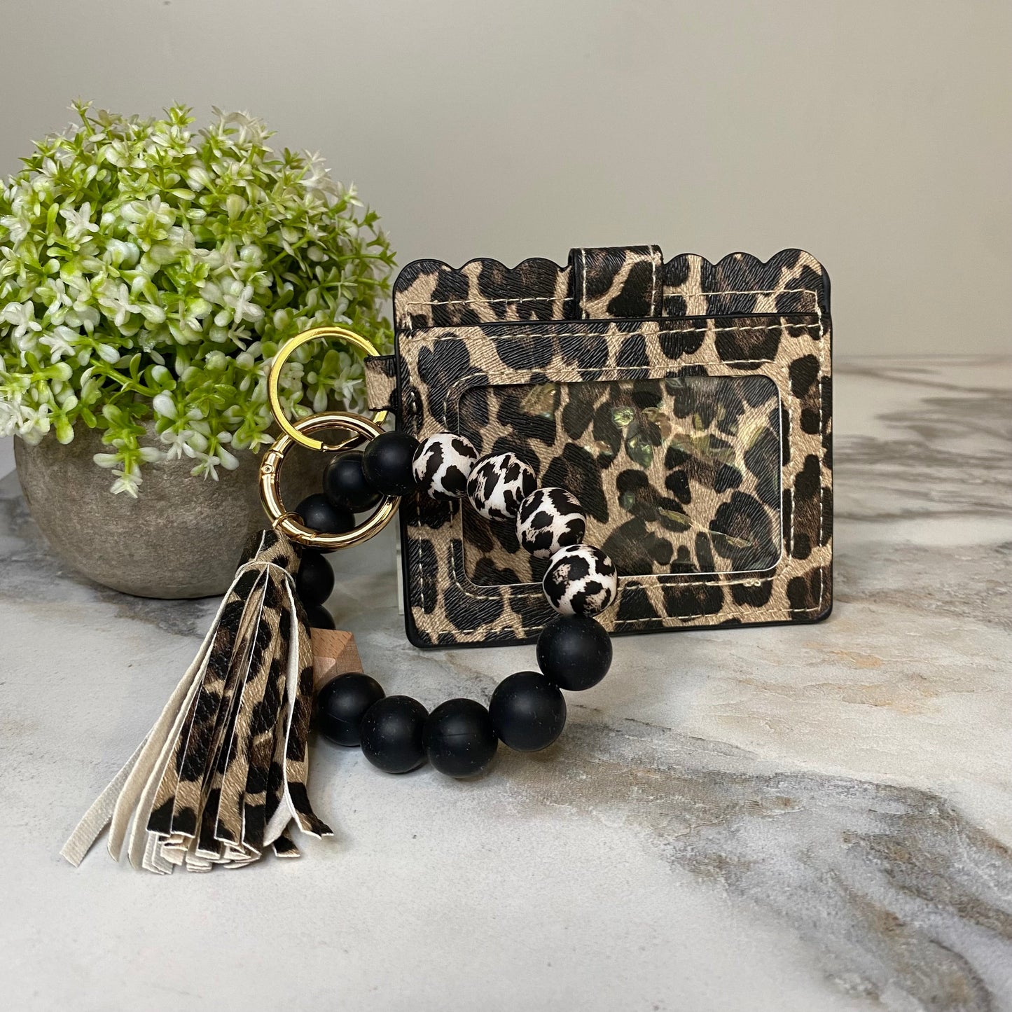 Silicone Bracelet Keychain with Scalloped Card Holder - Canvas Animal Print