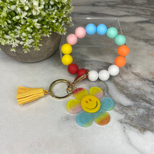Silicone & Acrylic Bracelet Keychain - Daisy - Rainbow