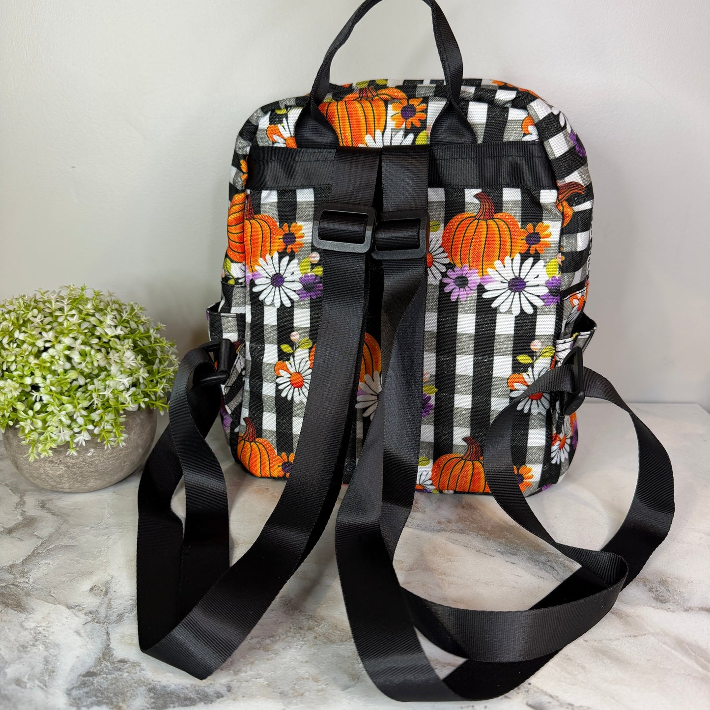 Mini Backpack - Halloween - Plaid Pumpkin Floral