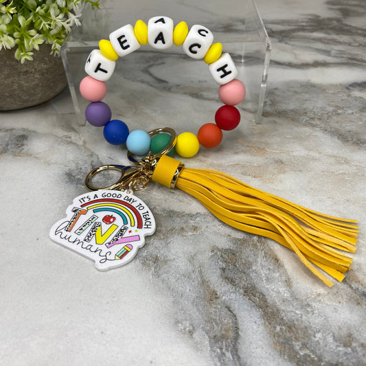 Silicone & Acrylic Bracelet Keychain - Teach - Rainbow