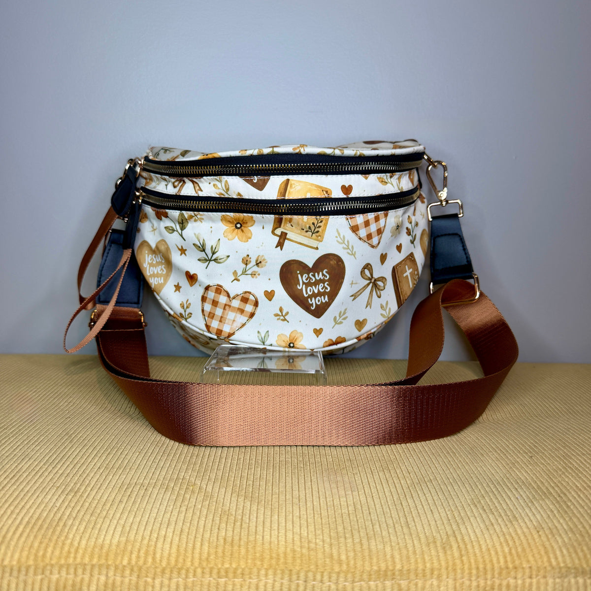 The Roni Nylon Crossbody - Religious Jesus Loves You Bronze