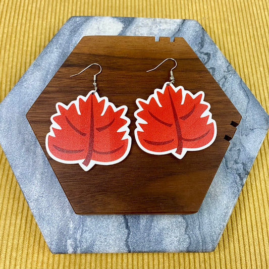 Wooden Dangle Earrings - Fall - Red Leaf