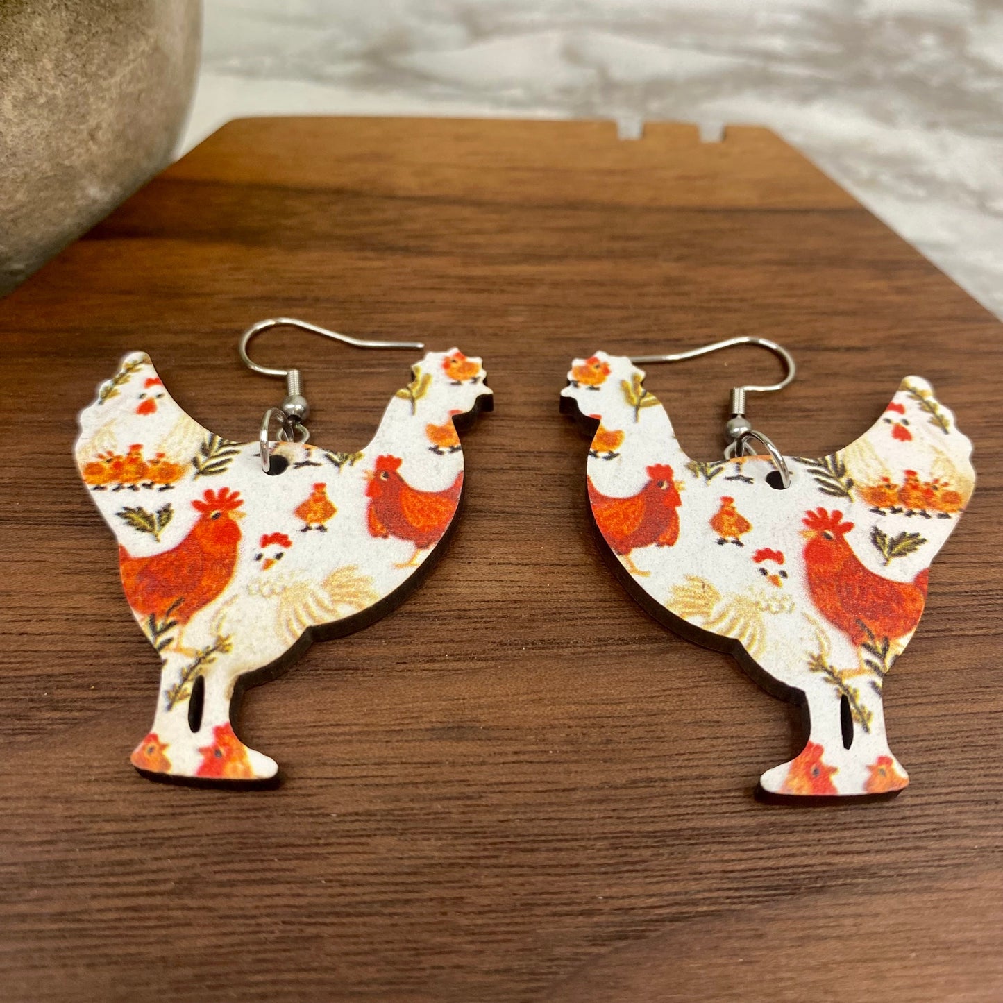 Wooden Dangle Earrings - Chicken - #3