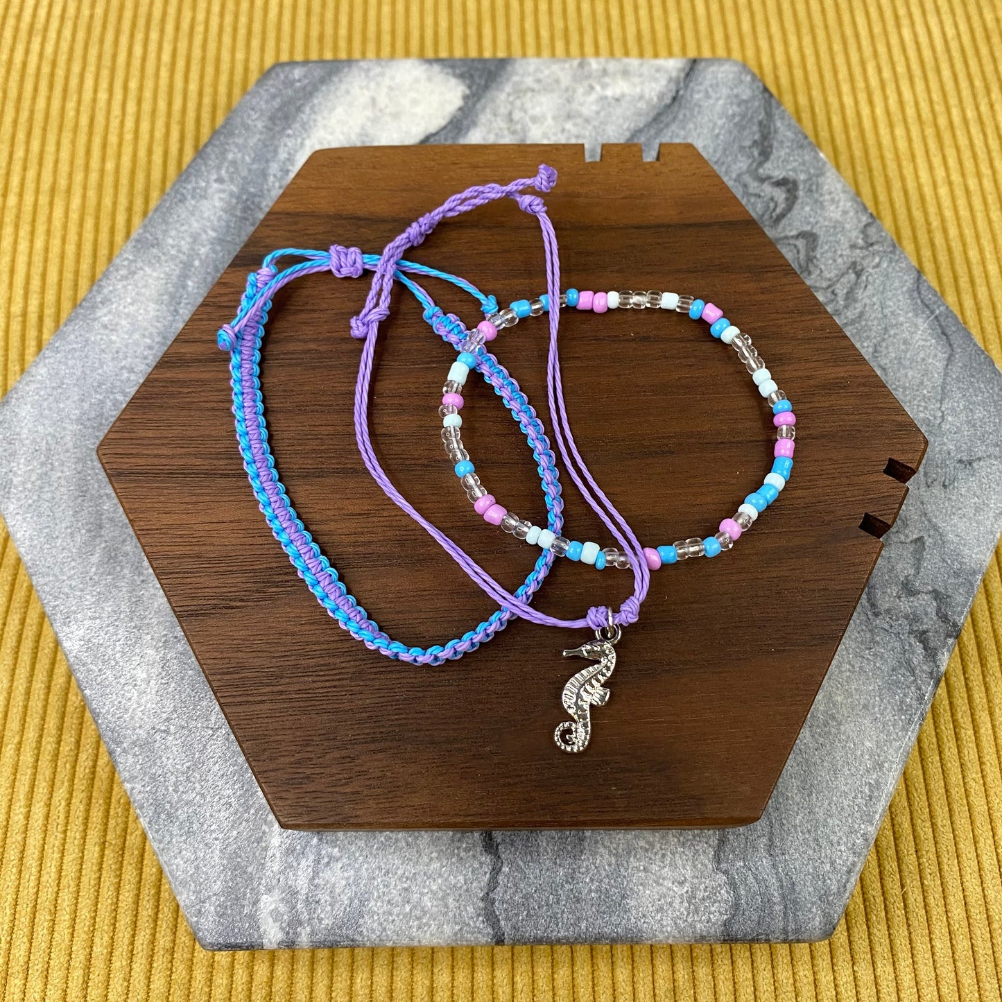 Bracelet Pack - Adjustable String & Bead Seahorse Purple