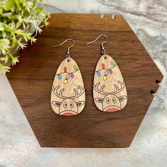 Wooden Dangle Earrings - Christmas - Reindeer Lights