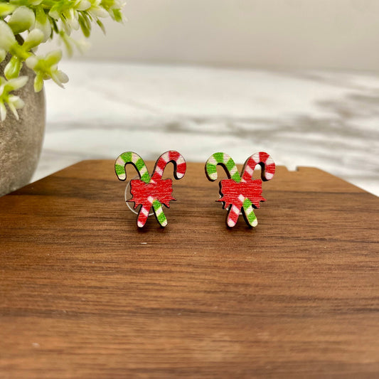 Wooden Stud Earrings - Christmas - Candy Canes with Bow