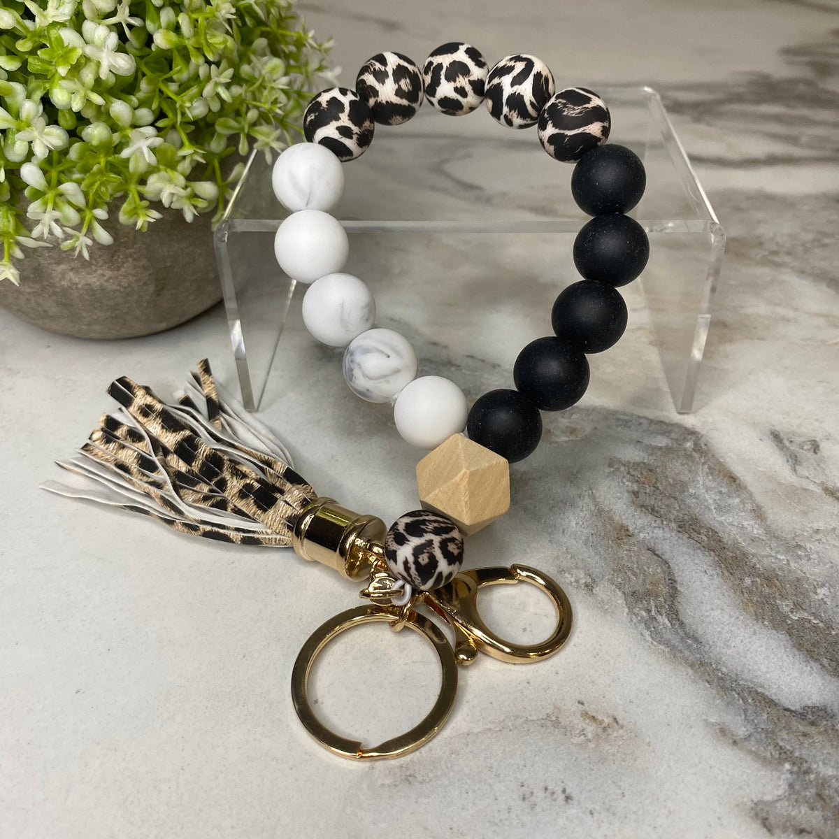 Silicone Bracelet Keychain with Wood Bead & Tassel - Animal Print