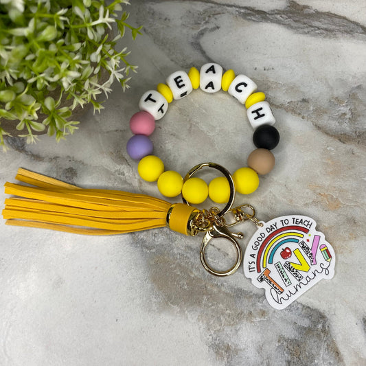 Silicone & Acrylic Bracelet Keychain - Teach - Yellow
