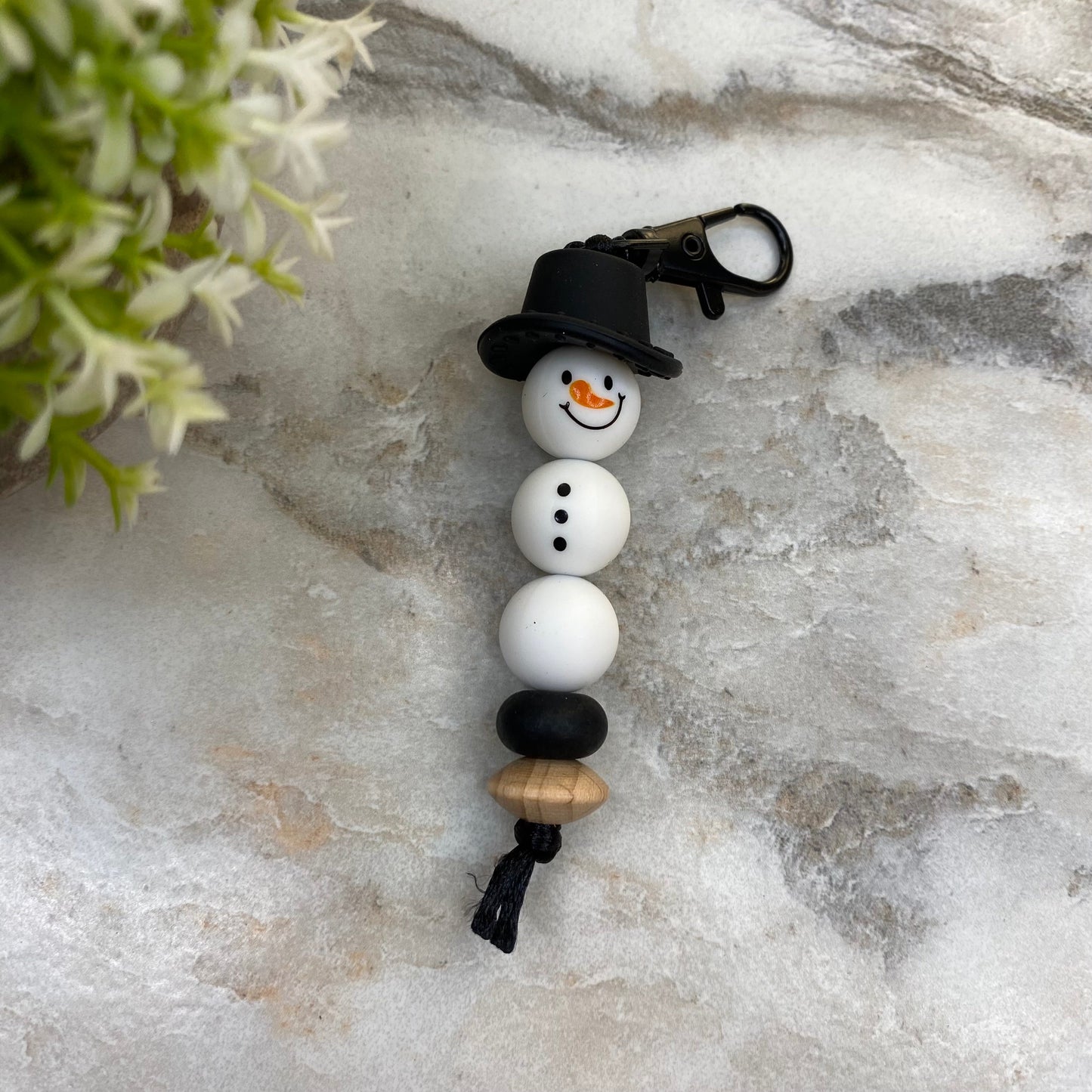 Keychain - Silicone Bead - Black Hat Snowman