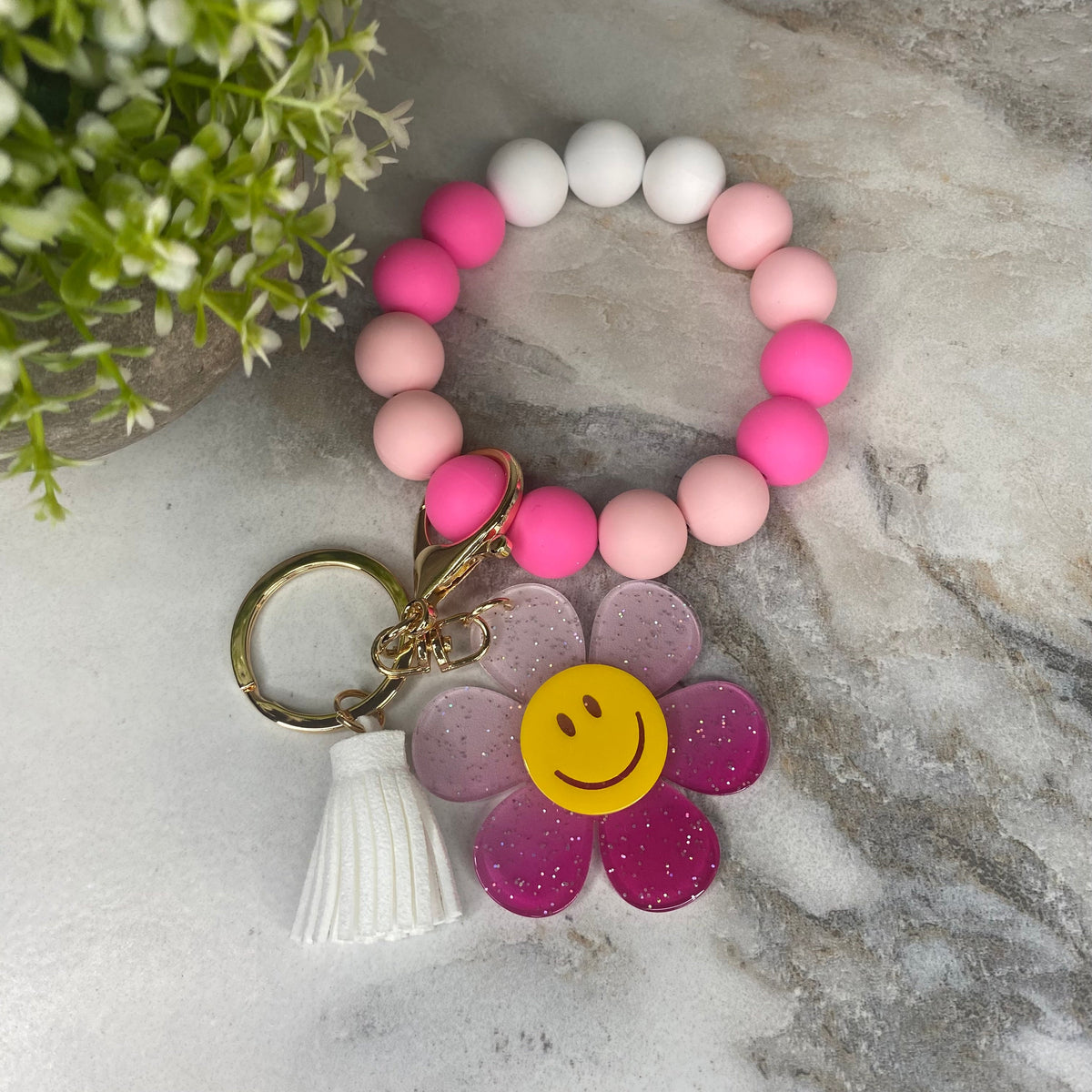 Silicone & Acrylic Bracelet Keychain - Daisy - Hot Pink