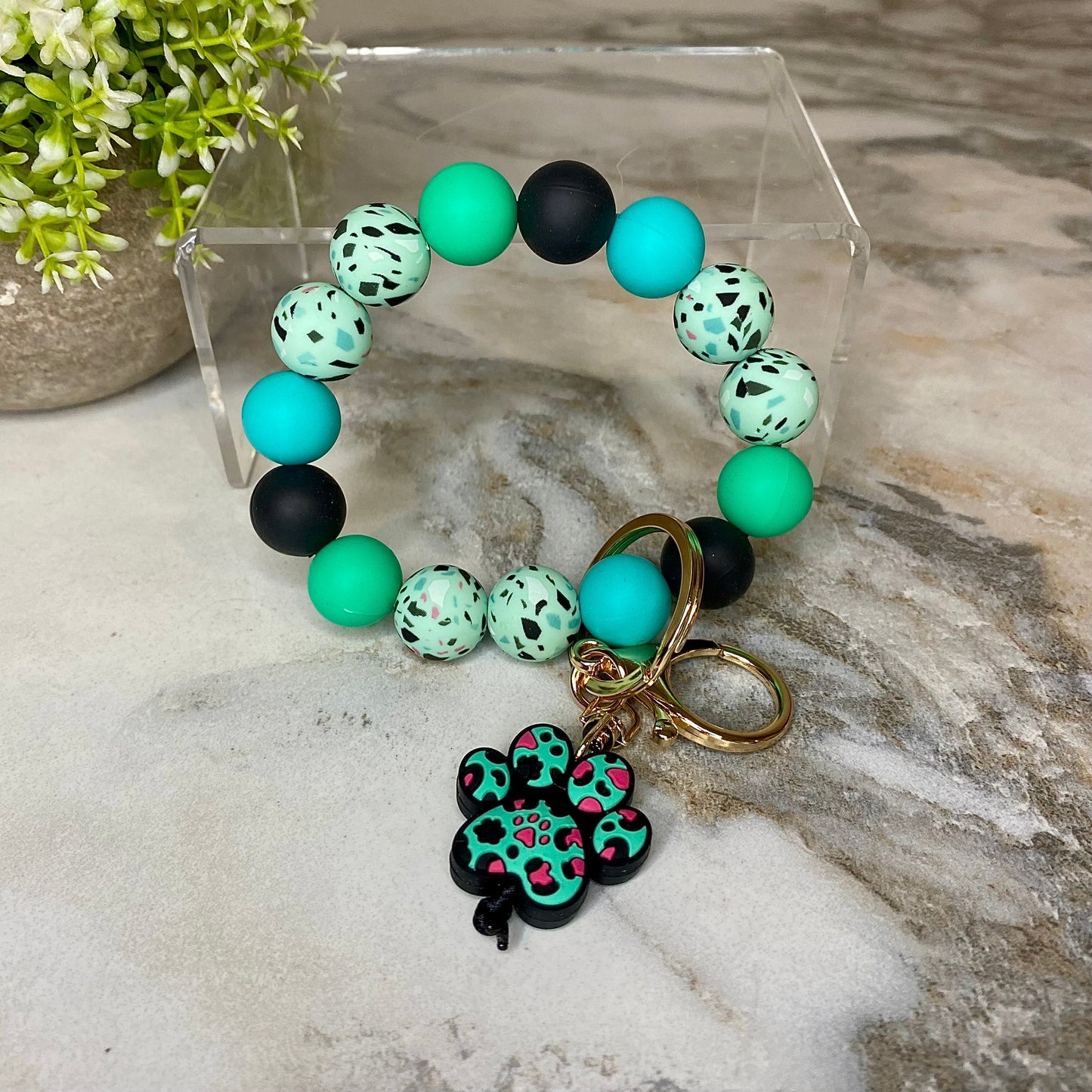 Silicone Bracelet Keychain - Teal Speckled Dog Paw