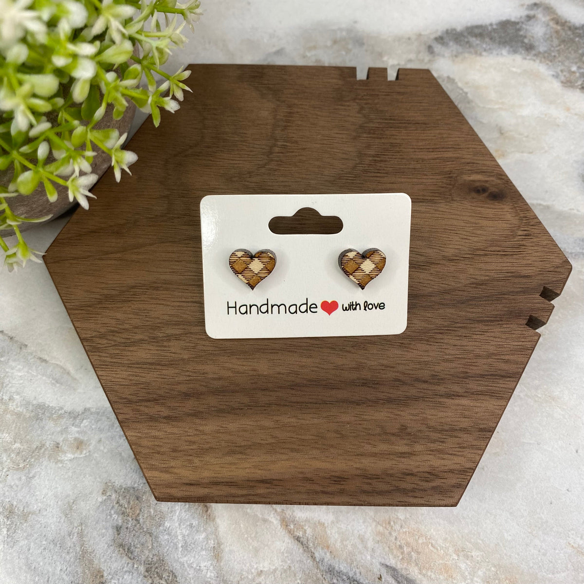 Wooden Stud Earrings - Checkered Heart