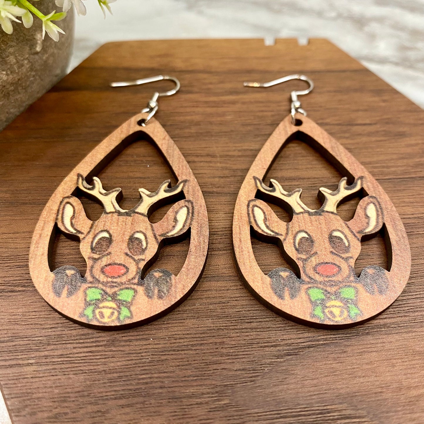 Wooden Dangle Earrings - Christmas - Cutout Reindeer #2