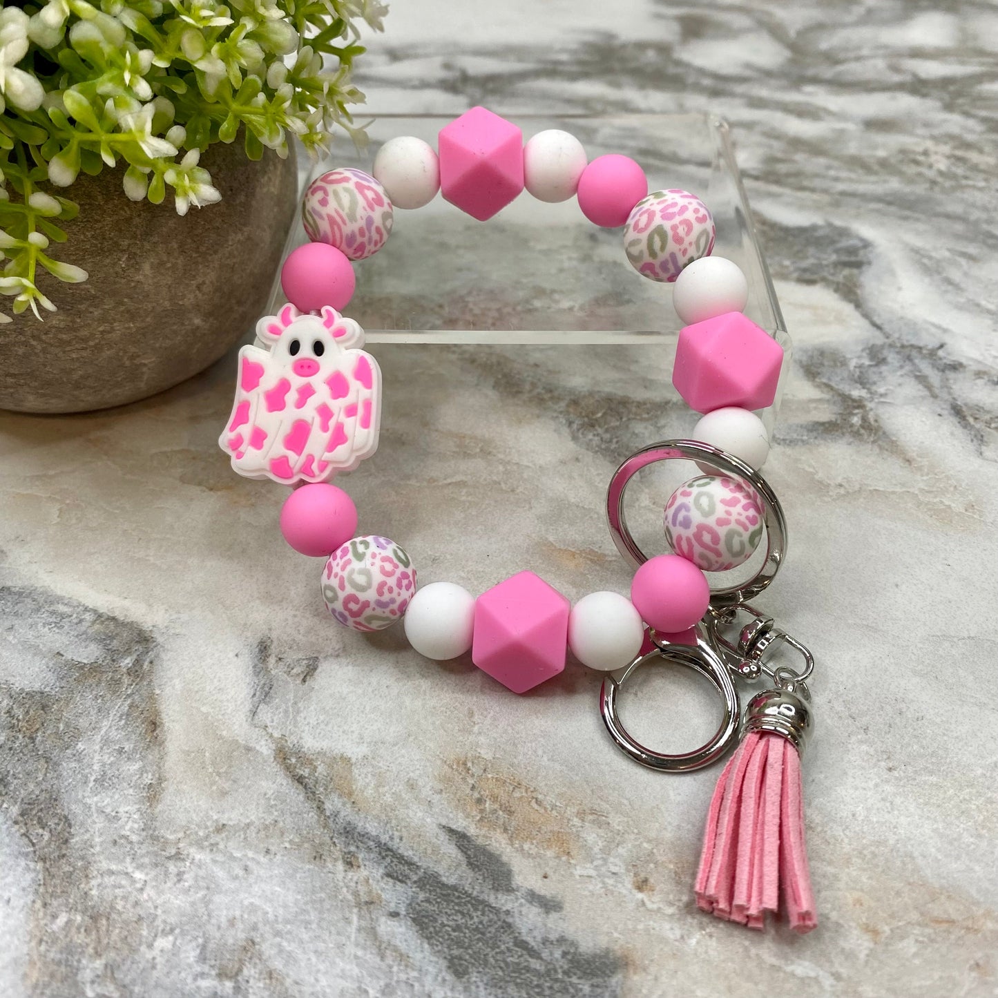 Silicone Bracelet Keychain with Tassel - Cow - Pink