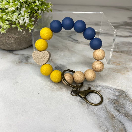 Silicone & Wood Bracelet Keychain - Heart - Yellow & Blue