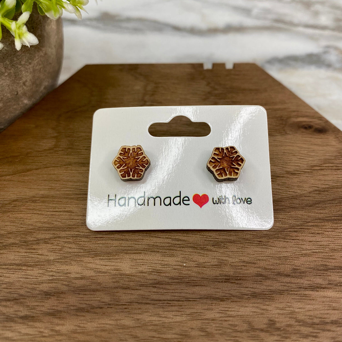 Wooden Stud Earrings - Snowflake