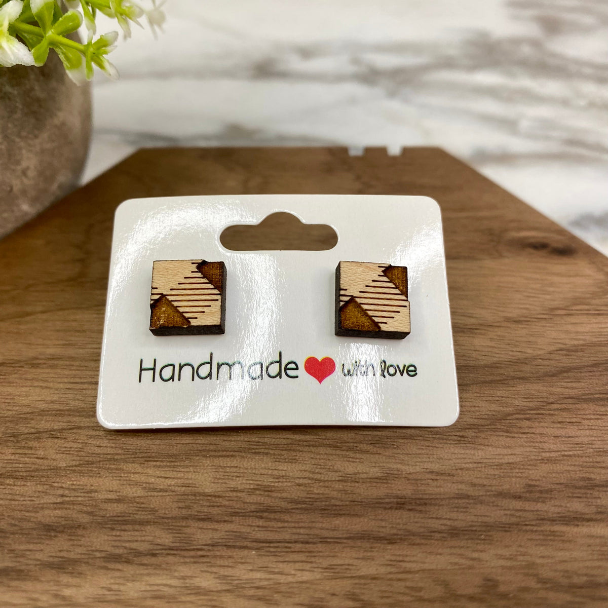 Wooden Stud Earrings - Checkered Square