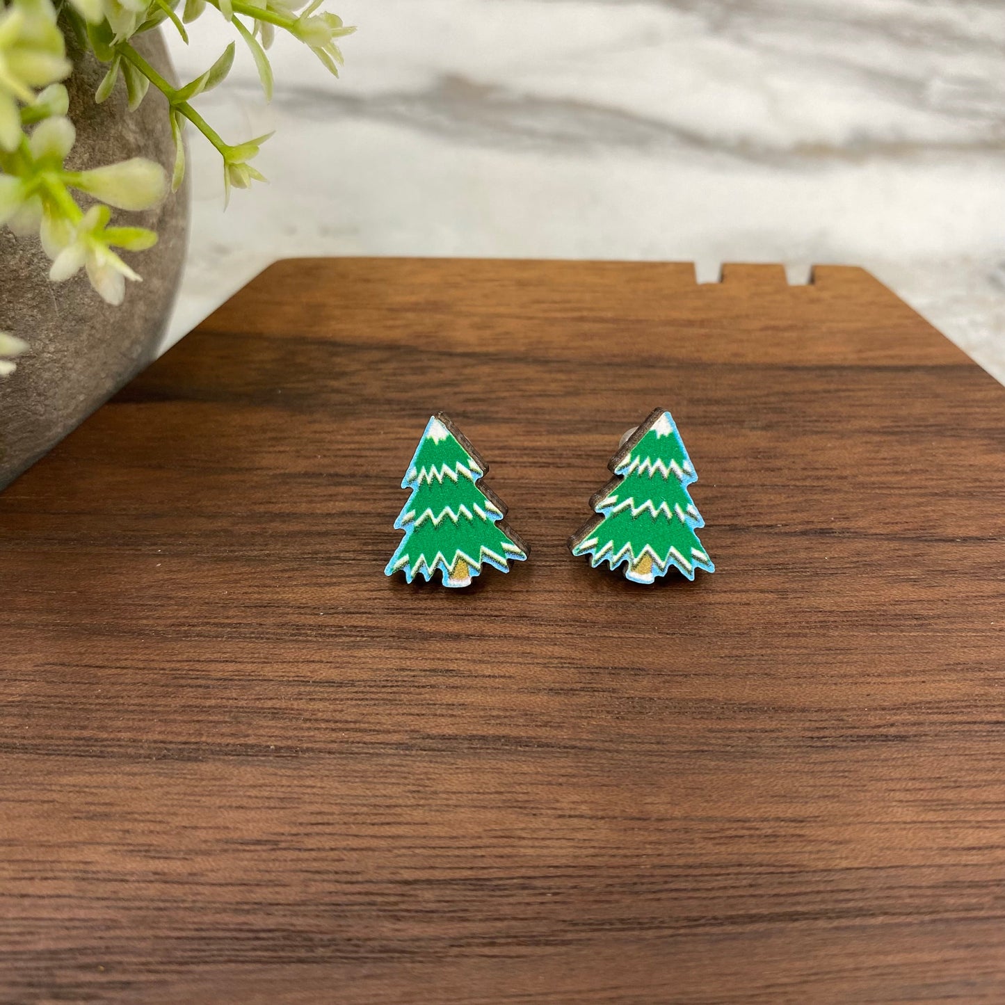 Wooden Stud Earrings - Christmas - Tree #1