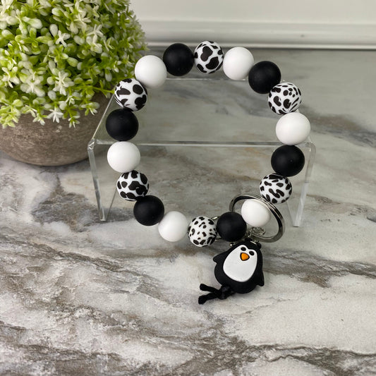 Silicone Bracelet Keychain - Black & White Spots Penguin