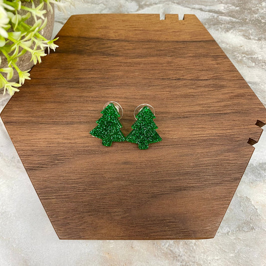 Acrylic Stud Earrings - Christmas - Tree Glitter