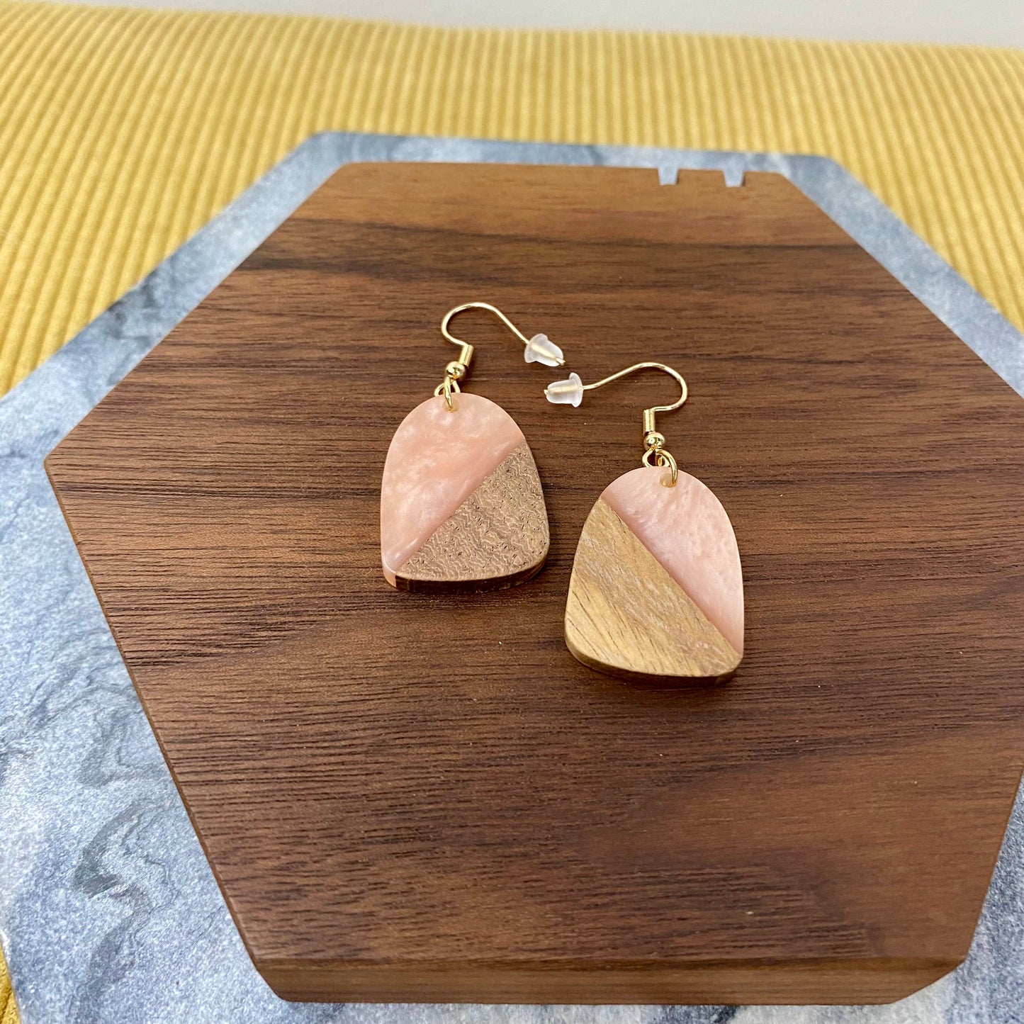 Dangle Earring - Wood & Acrylic - Bell-Shaped