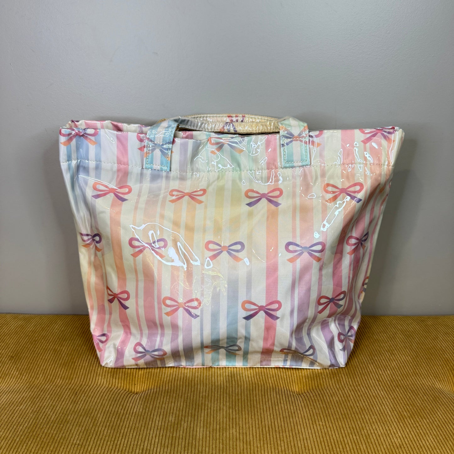 April Vinyl Tote Bag - Rainbow Stripe + Bow