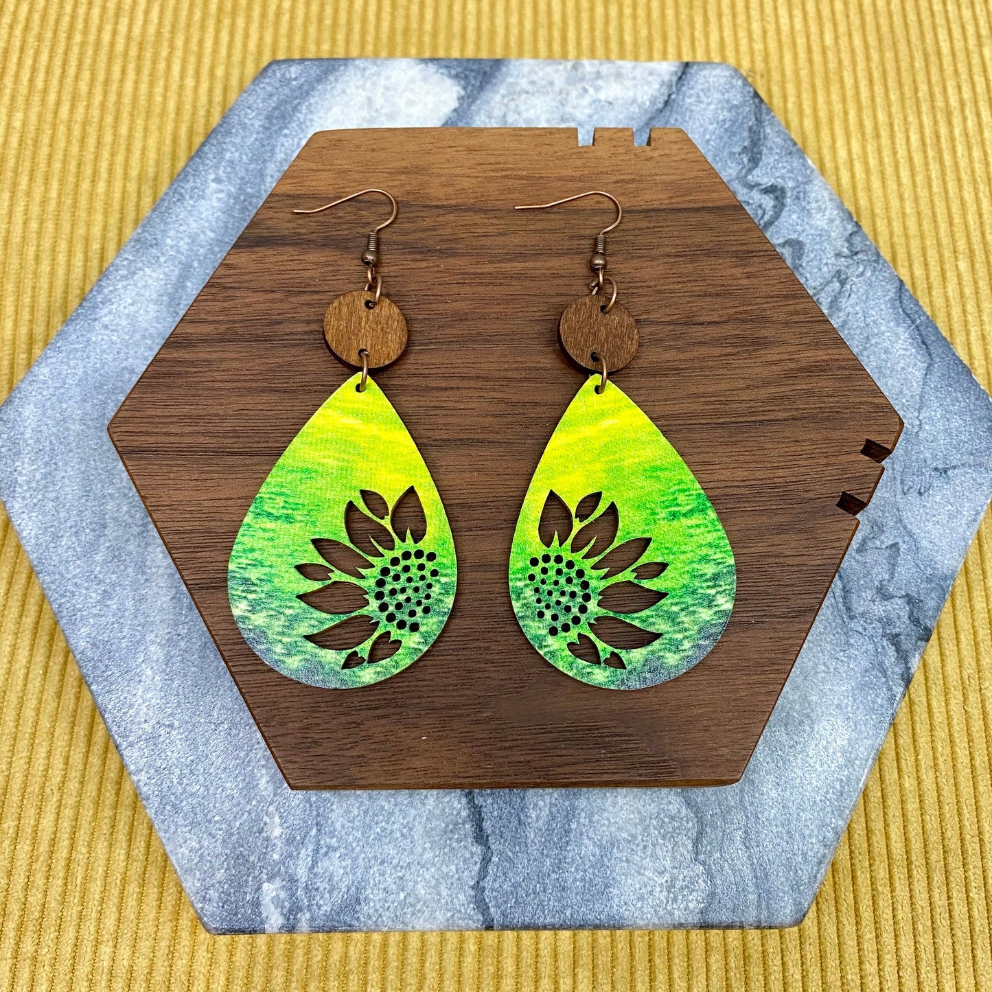 Wooden Dangle Earrings - Green Cutout Sunflower