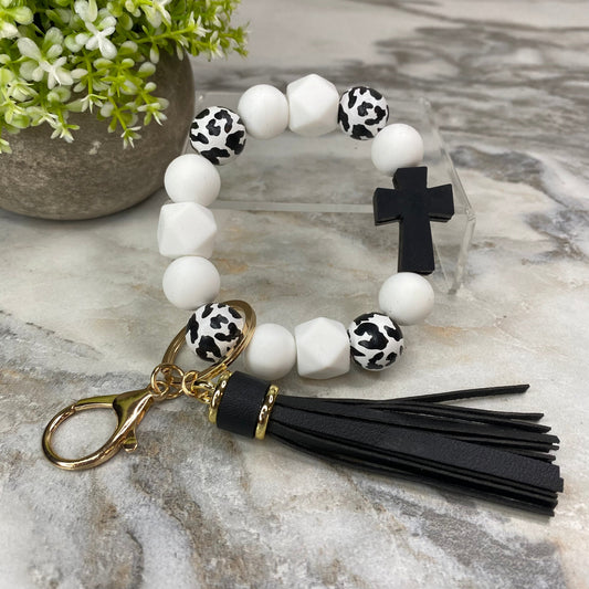 Silicone & Wood Bracelet Keychain - Religious - Black & White Cross