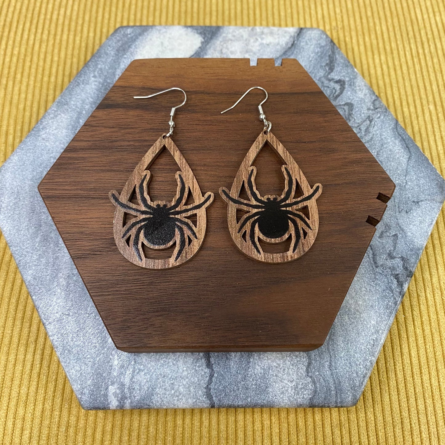 Wooden Teardrop Cutout Earrings - Halloween Spider