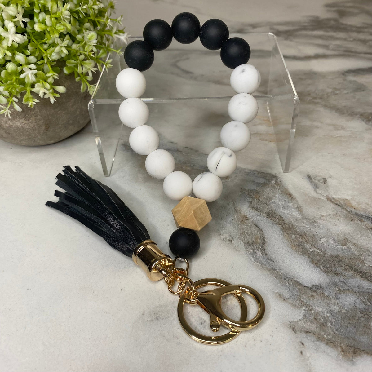 Silicone Bracelet Keychain with Wood Bead & Tassel - Black