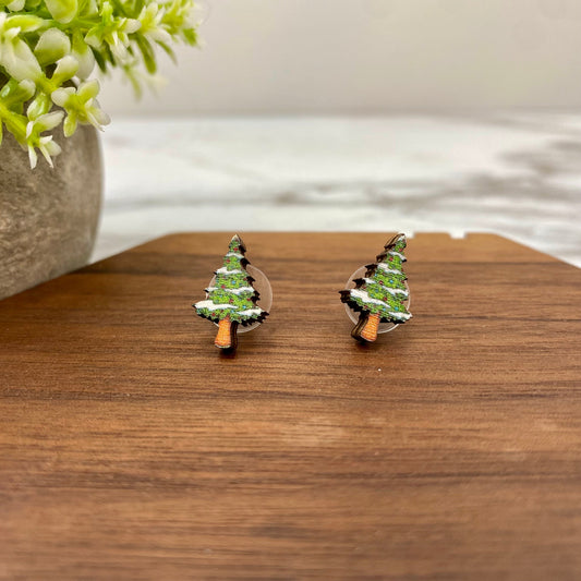 Wooden Stud Earrings - Christmas - Trees #3