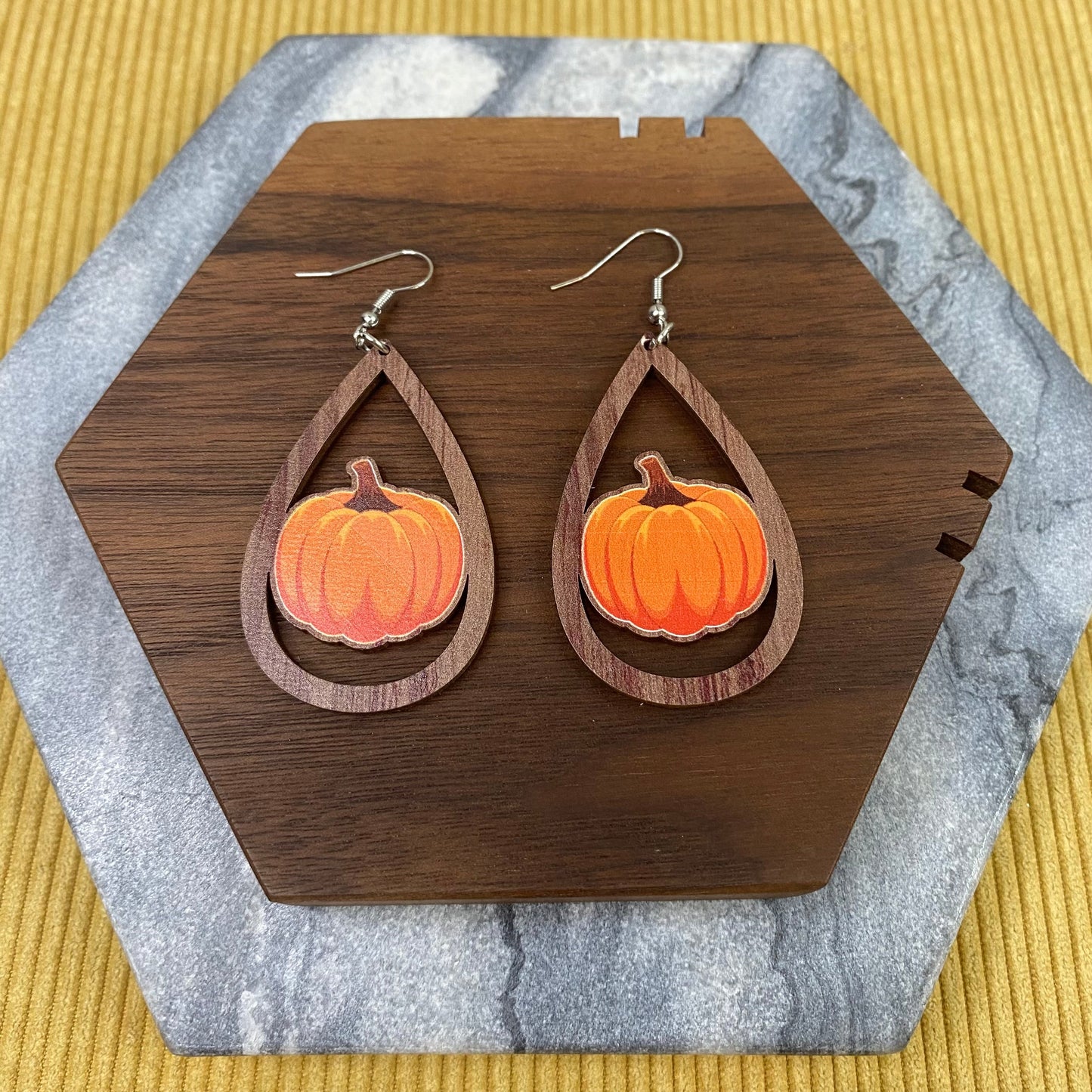 Wooden Teardrop Cutout Earrings - Fall - Pumpkin