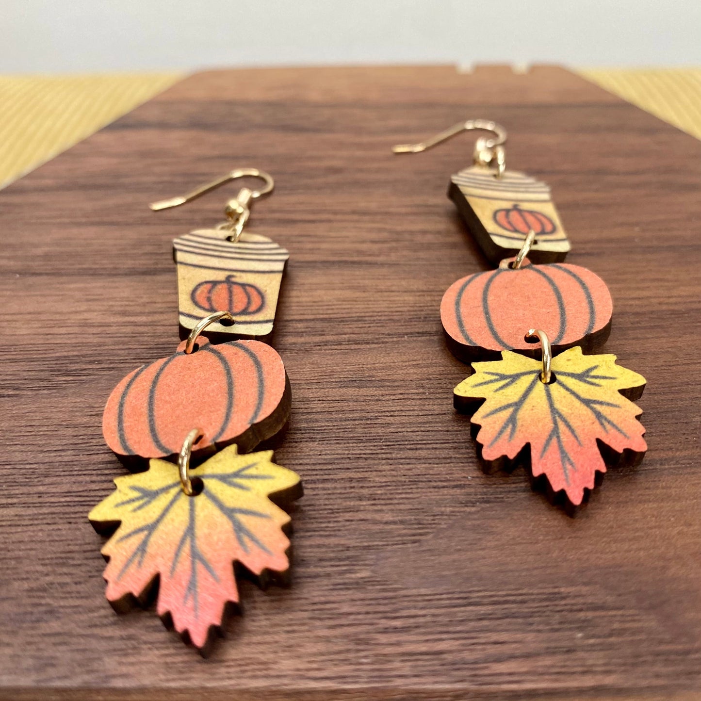 Wooden Dangle Earrings - Fall - Cup Pumpkin Leaf