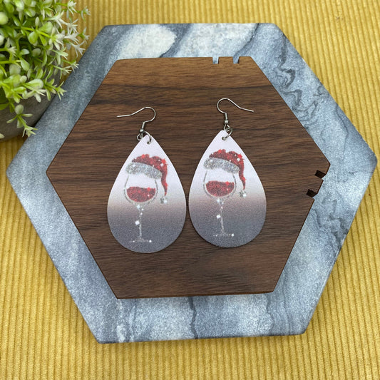 Faux Leather Earrings - Christmas - Wine Glass