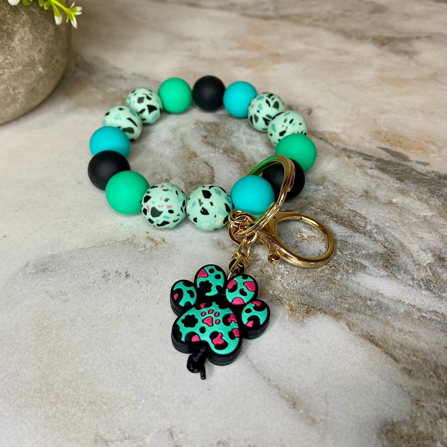 Silicone Bracelet Keychain - Teal Speckled Dog Paw