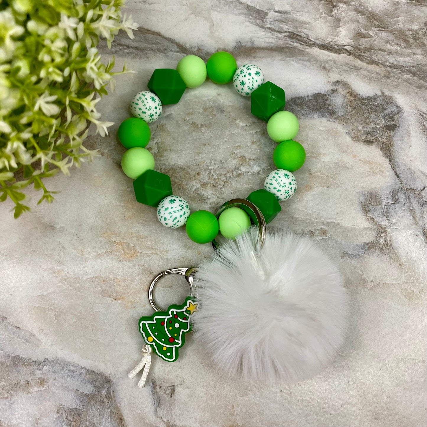 Silicone Bracelet Keychain & Pom Pom - Christmas Tree - Green