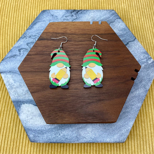 Wooden Dangle Earrings - Gnome Pencil