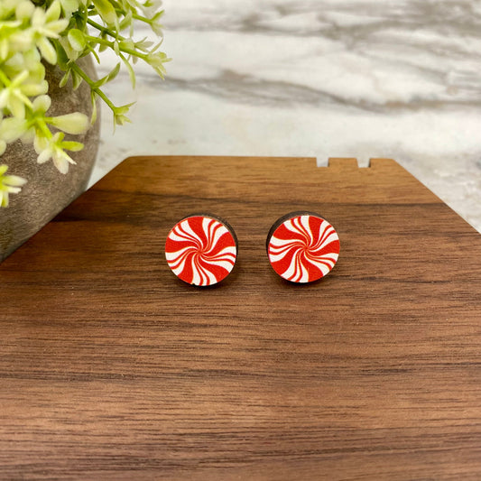 Wooden Stud Earrings - Christmas - Peppermint #2