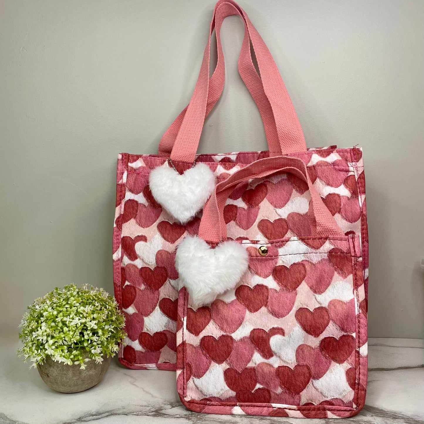 Heart Tote Bag - Dark Pink + White