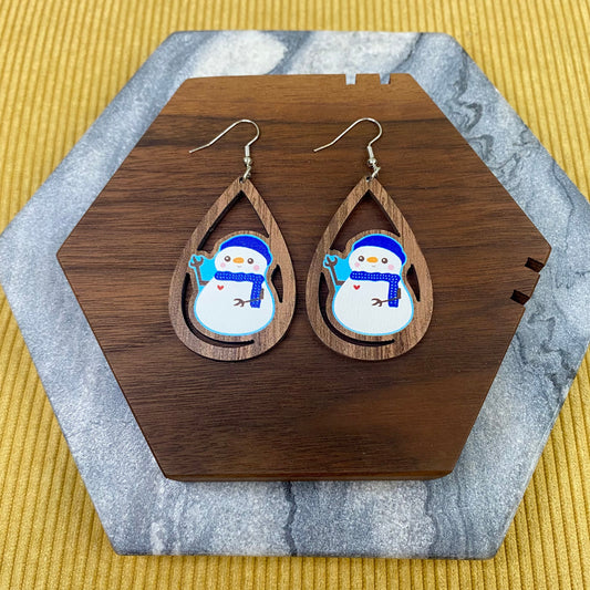 Wooden Teardrop Cutout Earrings - Winter - Snowman