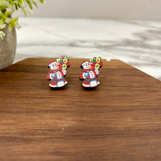 Wooden Stud Earrings - Christmas - Snowman #4