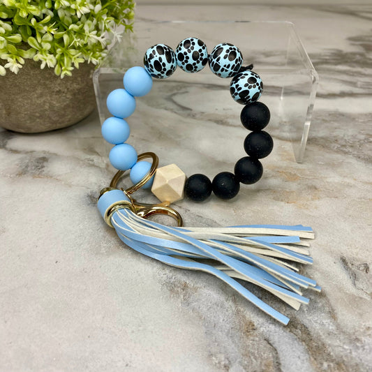 Silicone & Wood Bracelet Keychain - Paw Prints - Blue