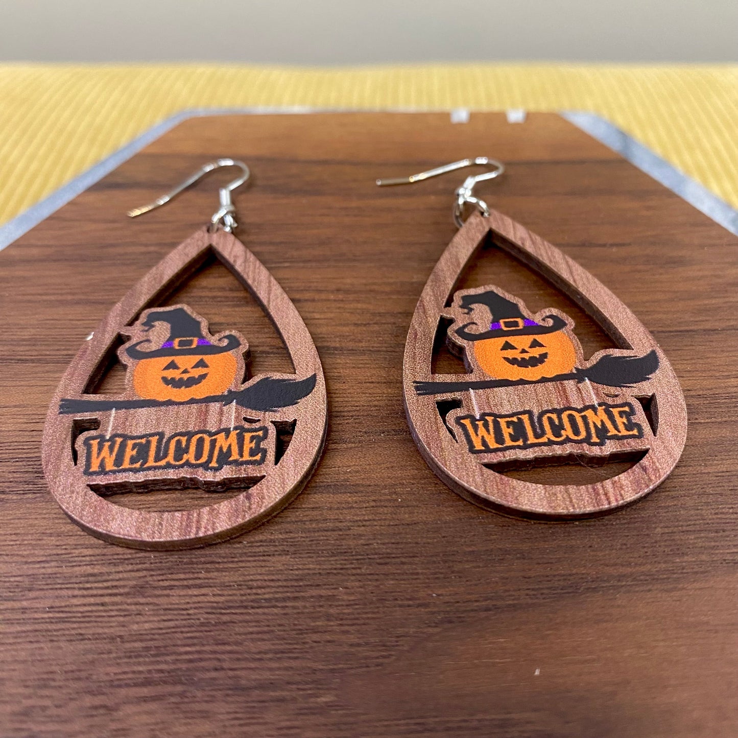 Wooden Teardrop Cutout Earrings - Halloween - Welcome Witch Pumpkin Broom