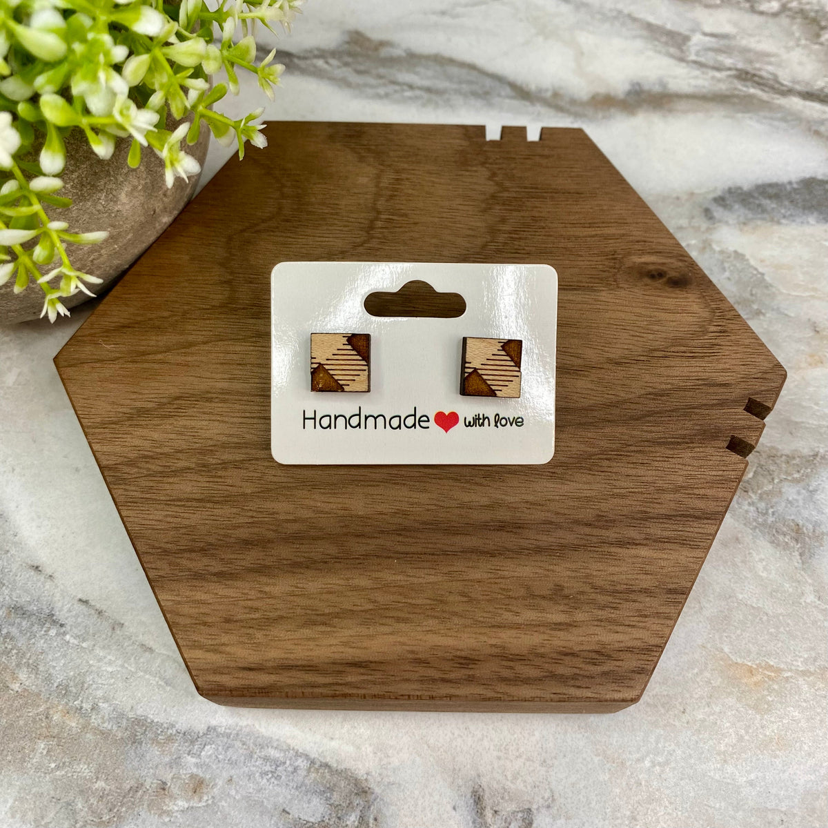 Wooden Stud Earrings - Checkered Square