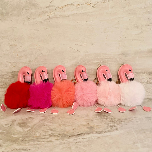 Keychain - Fuzzy Pom Pom - Flamingo with Legs