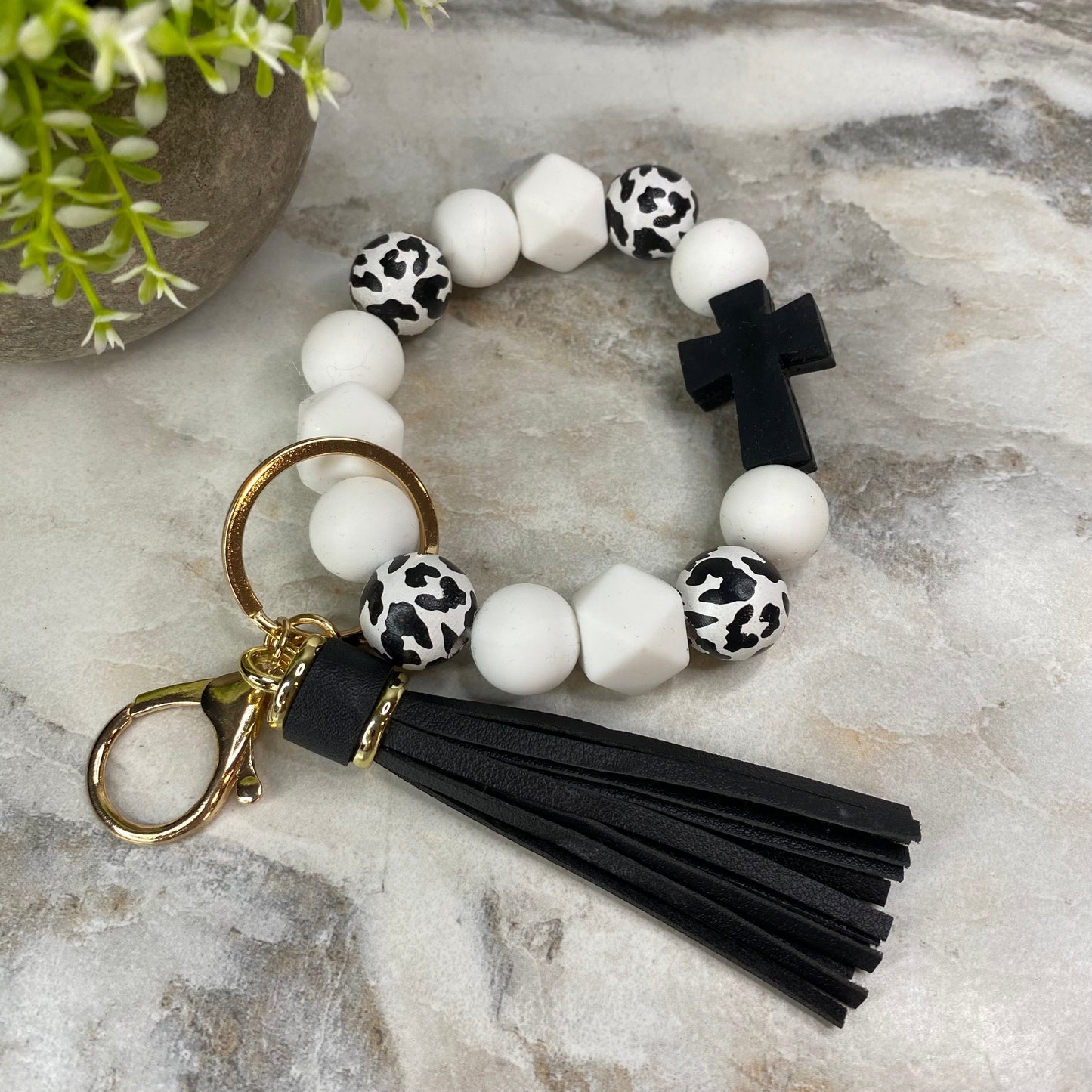 Silicone & Wood Bracelet Keychain - Religious - Black & White Cross